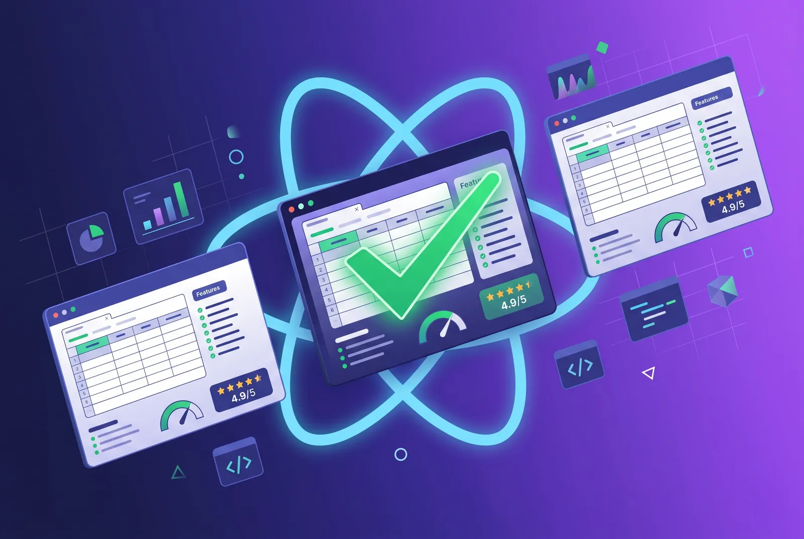 React spreadsheet component cards with a green check selecting the best one