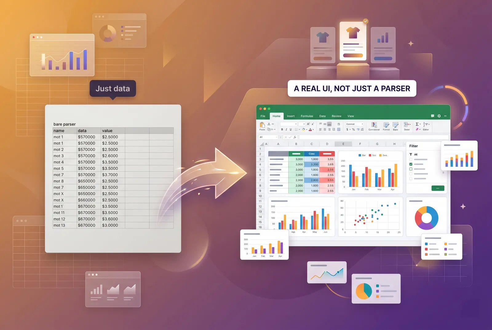 A plain file parser transforming into a rich interactive spreadsheet UI